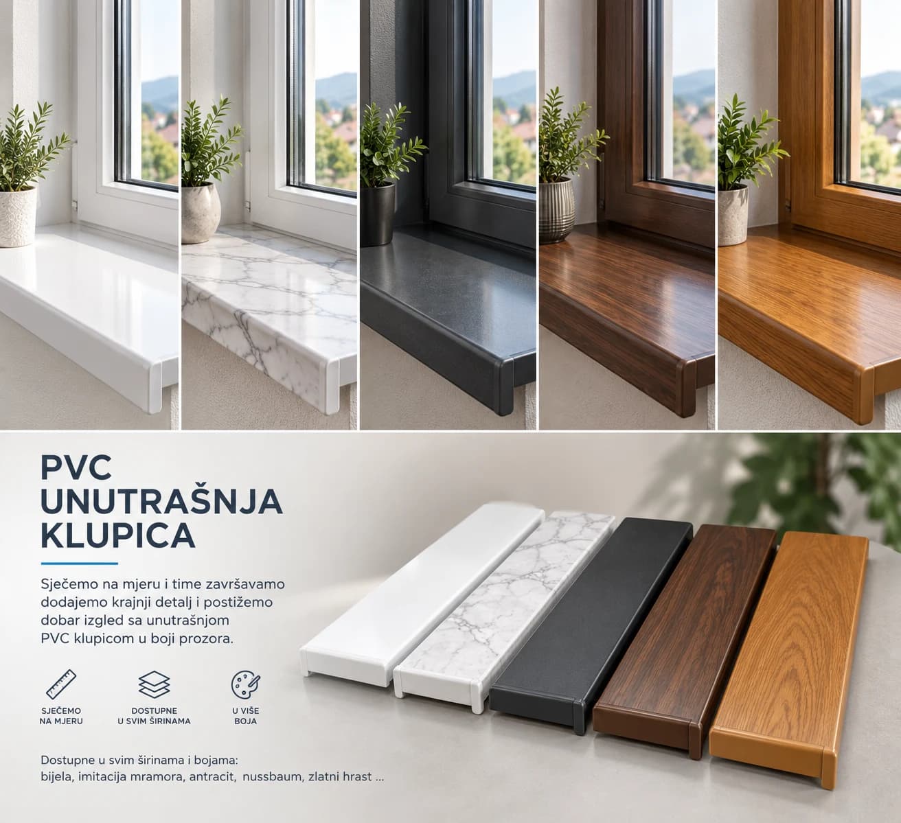 Pet PVC dekora klupica uz prozore i prikaz završnih čepova