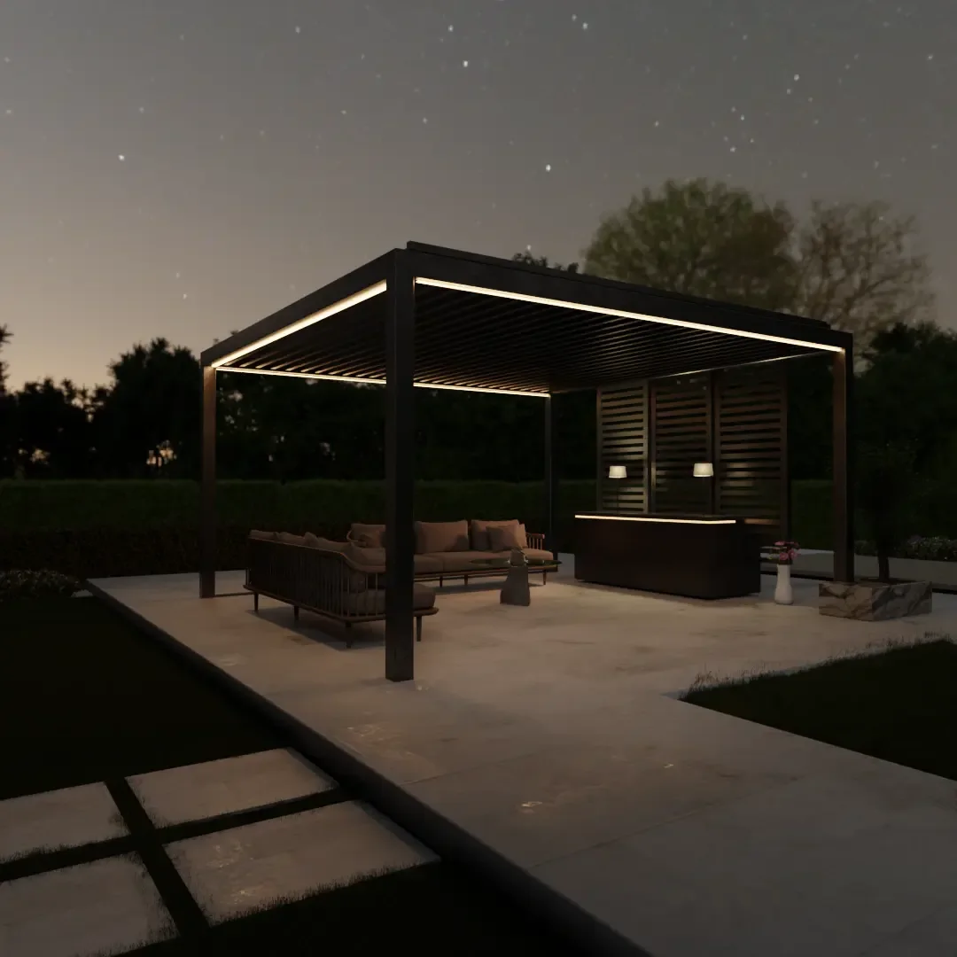 Pergola s integrisanom rasvjetom u večernjem ambijentu