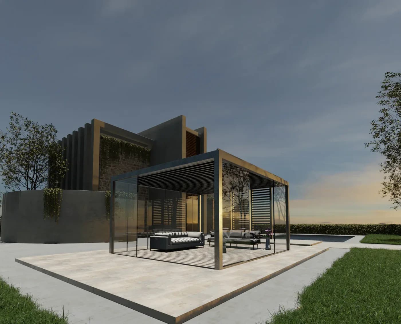 Aluminijumska pergola uz terasu savremene kuće