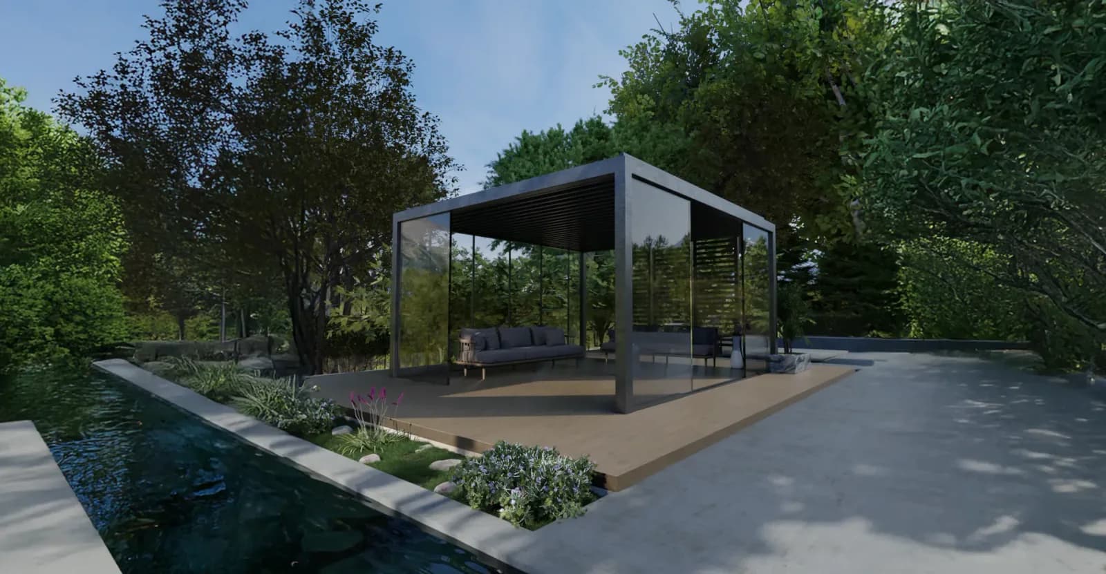 Aluminijumska pergola sa staklenim bočnim panelima u vrtu